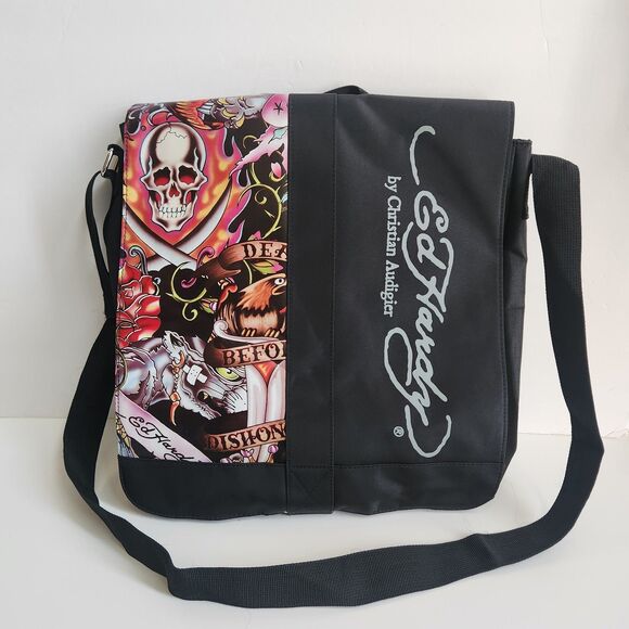 NEW Y2K Ed Hardy Christian Audigier Messenger Crossbody Bag Black Skulls VINTAGE - Picture 13 of 16